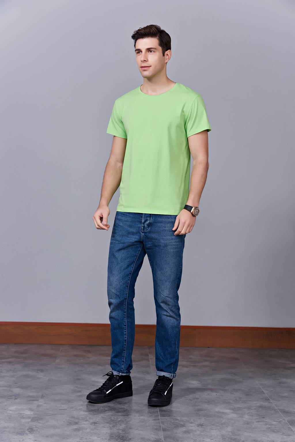 中国风简约潮流亲子装短袖T恤衫 夏季 果绿色运动情侣装