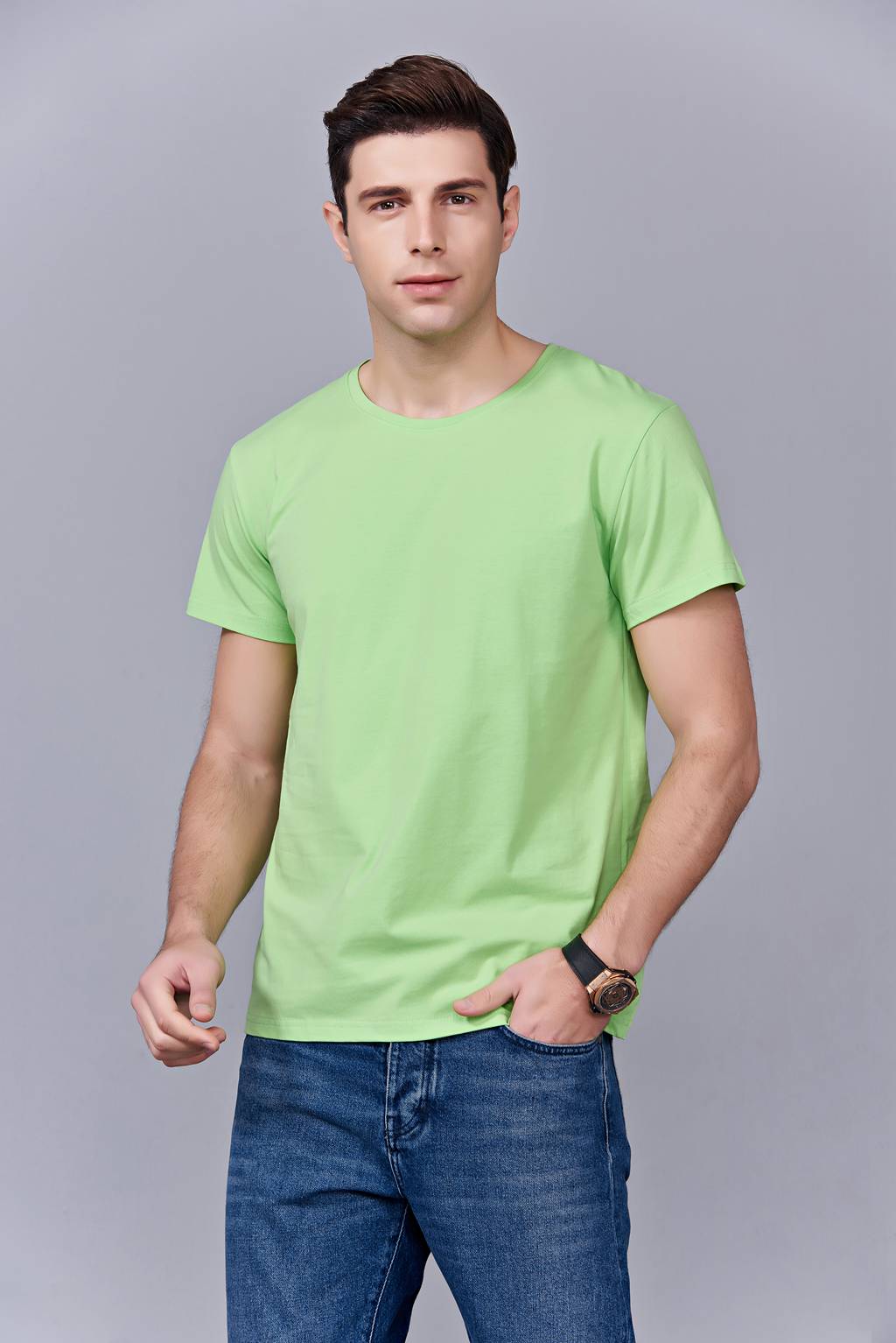 中国风简约潮流亲子装短袖T恤衫 夏季 果绿色运动情侣装