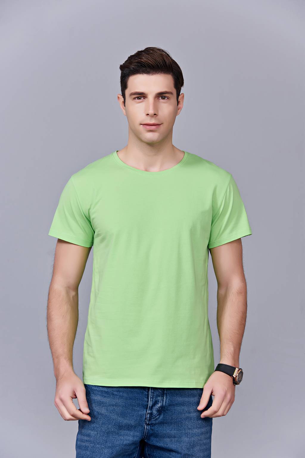 中国风简约潮流亲子装短袖T恤衫 夏季 果绿色运动情侣装