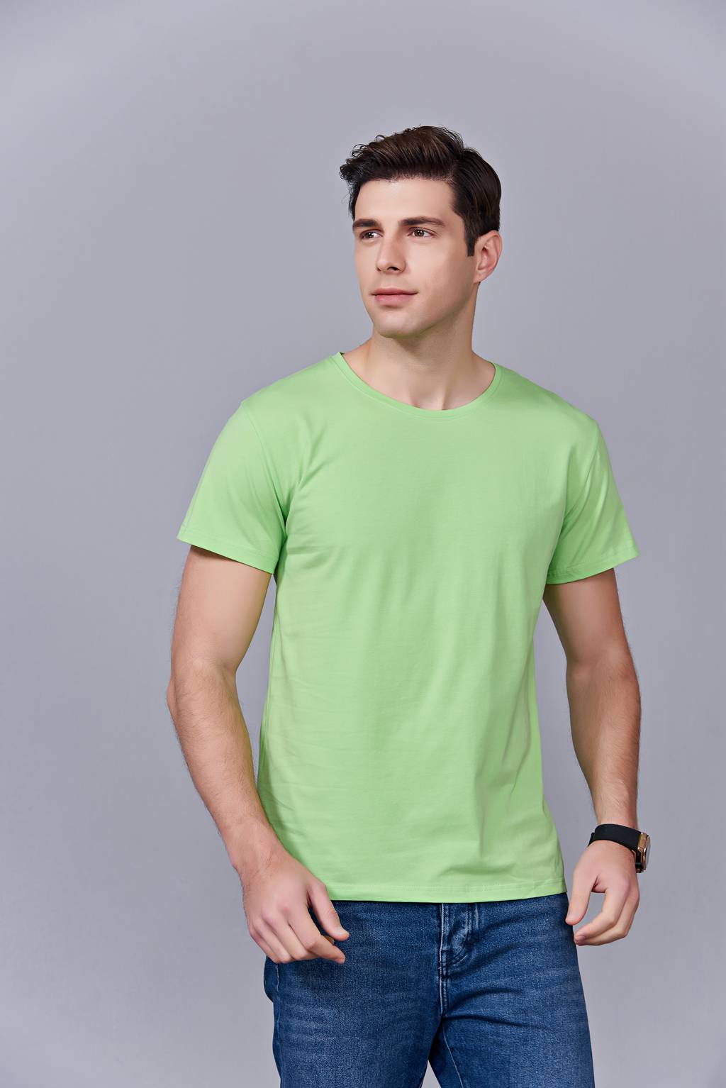 中国风简约潮流亲子装短袖T恤衫 夏季 果绿色运动情侣装